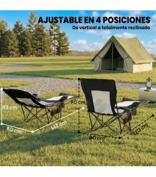 Conjunto de 2 Sillas Plegables Camping Reclinables con Reposapiés Desmontable Reposacabezas Portavasos y Bolsa Negro