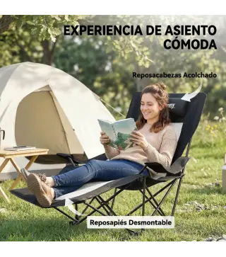 Conjunto de 2 Sillas Plegables Camping Reclinables con Reposapiés Desmontable Reposacabezas Portavasos y Bolsa Negro