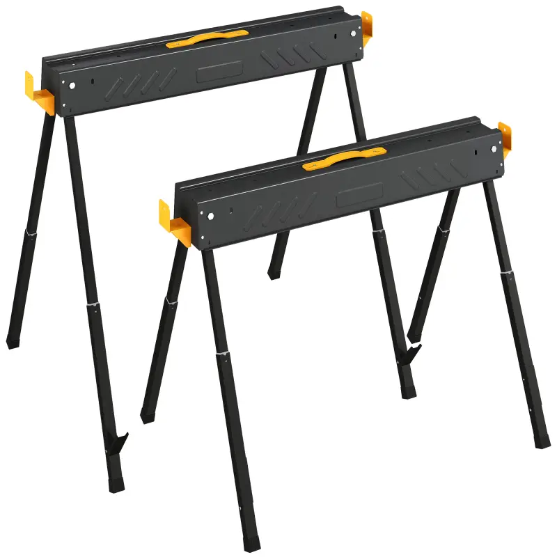 Set de 2 Caballetes para Sierra Plegables Altura Ajustable para Madera 2x4 con Asa Ganchos Soporta hasta 500 kg Negro