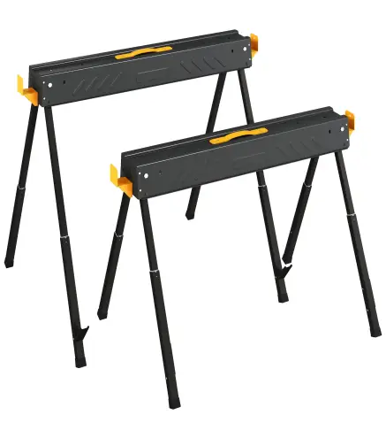 Set de 2 Caballetes para Sierra Plegables Altura Ajustable para Madera 2x4 con Asa Ganchos Soporta hasta 500 kg Negro