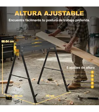 Set de 2 Caballetes para Sierra Plegables Altura Ajustable para Madera 2x4 con Asa Ganchos Soporta hasta 500 kg Negro