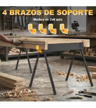 Set de 2 Caballetes para Sierra Plegables Altura Ajustable para Madera 2x4 con Asa Ganchos Soporta hasta 500 kg Negro