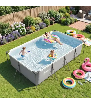 Piscina Desmontable Tubular 394,5x208,3x80,5 cm 6075 L con Marco Metálico Parche de Reparación sin Depuradora Gris