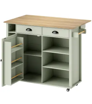 Isla de Cocina con Ruedas Tapa Abatible Especiero Toallero Armario 2 Cajones 117,5x70x91 cm Verde Claro