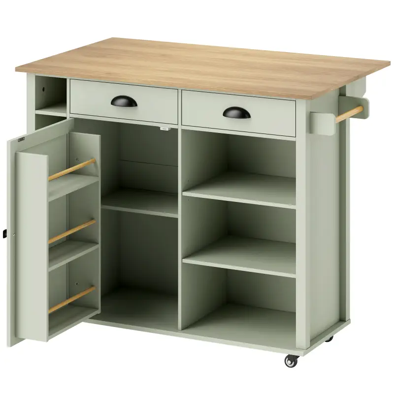Isla de Cocina con Ruedas Tapa Abatible Especiero Toallero Armario 2 Cajones 117,5x70x91 cm Verde Claro