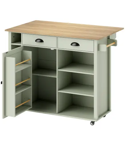 Isla de Cocina con Ruedas Tapa Abatible Especiero Toallero Armario 2 Cajones 117,5x70x91 cm Verde Claro
