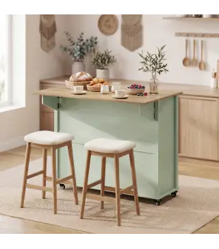 Isla de Cocina con Ruedas Tapa Abatible Especiero Toallero Armario 2 Cajones 117,5x70x91 cm Verde Claro