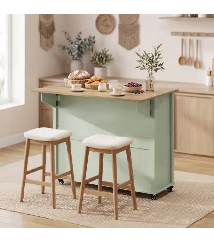 Isla de Cocina con Ruedas Tapa Abatible Especiero Toallero Armario 2 Cajones 117,5x70x91 cm Verde Claro