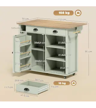 Isla de Cocina con Ruedas Tapa Abatible Especiero Toallero Armario 2 Cajones 117,5x70x91 cm Verde Claro