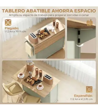 Isla de Cocina con Ruedas Tapa Abatible Especiero Toallero Armario 2 Cajones 117,5x70x91 cm Verde Claro