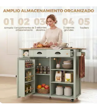 Isla de Cocina con Ruedas Tapa Abatible Especiero Toallero Armario 2 Cajones 117,5x70x91 cm Verde Claro