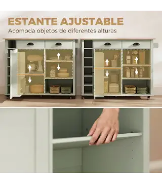 Isla de Cocina con Ruedas Tapa Abatible Especiero Toallero Armario 2 Cajones 117,5x70x91 cm Verde Claro