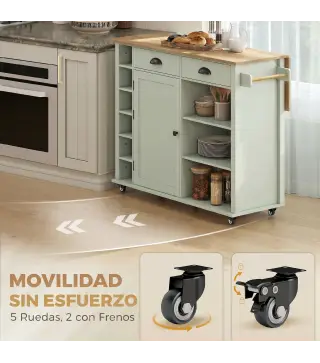 Isla de Cocina con Ruedas Tapa Abatible Especiero Toallero Armario 2 Cajones 117,5x70x91 cm Verde Claro