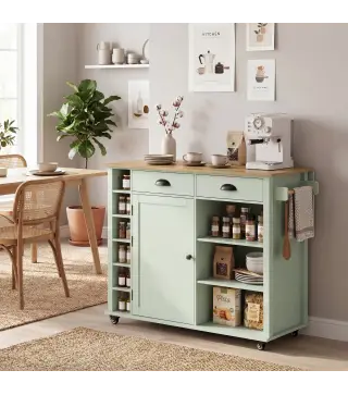 Isla de Cocina con Ruedas Tapa Abatible Especiero Toallero Armario 2 Cajones 117,5x70x91 cm Verde Claro