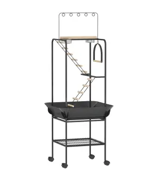 Parque de Juegos de Pájaros con Ruedas Escaleras Columpio Protector de Semillas Bandeja Comederos Perchas 63x63x163 cm