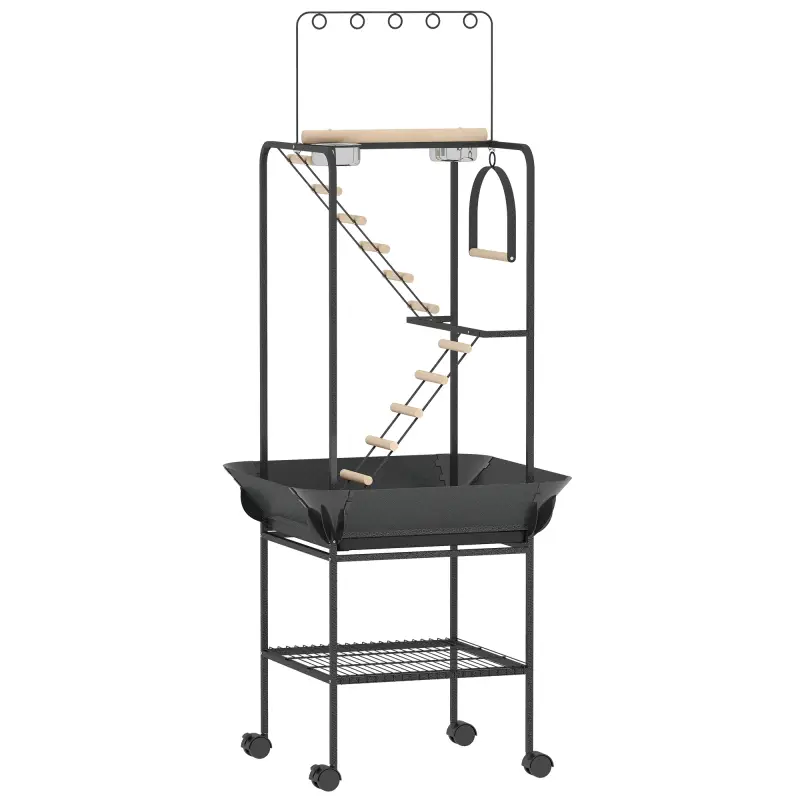 Parque de Juegos de Pájaros con Ruedas Escaleras Columpio Protector de Semillas Bandeja Comederos Perchas 63x63x163 cm
