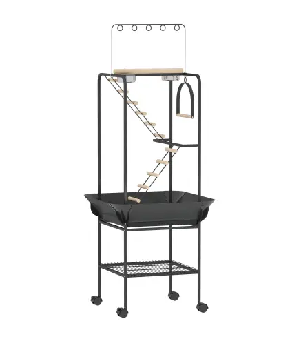 Parque de Juegos de Pájaros con Ruedas Escaleras Columpio Protector de Semillas Bandeja Comederos Perchas 63x63x163 cm