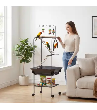 Parque de Juegos de Pájaros con Ruedas Escaleras Columpio Protector de Semillas Bandeja Comederos Perchas 63x63x163 cm