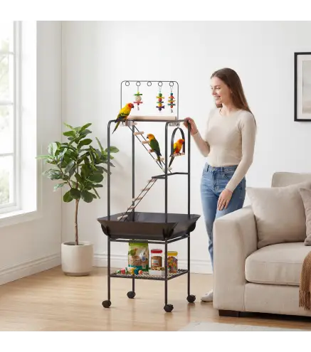 Parque de Juegos de Pájaros con Ruedas Escaleras Columpio Protector de Semillas Bandeja Comederos Perchas 63x63x163 cm