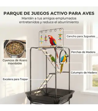 Parque de Juegos de Pájaros con Ruedas Escaleras Columpio Protector de Semillas Bandeja Comederos Perchas 63x63x163 cm