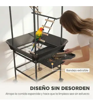 Parque de Juegos de Pájaros con Ruedas Escaleras Columpio Protector de Semillas Bandeja Comederos Perchas 63x63x163 cm