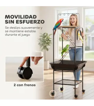 Parque de Juegos de Pájaros con Ruedas Escaleras Columpio Protector de Semillas Bandeja Comederos Perchas 63x63x163 cm