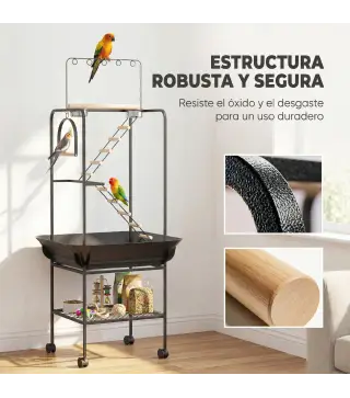 Parque de Juegos de Pájaros con Ruedas Escaleras Columpio Protector de Semillas Bandeja Comederos Perchas 63x63x163 cm