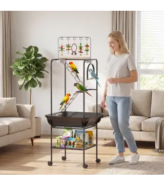 Parque de Juegos de Pájaros con Ruedas Escaleras Columpio Protector de Semillas Bandeja Comederos Perchas 63x63x163 cm