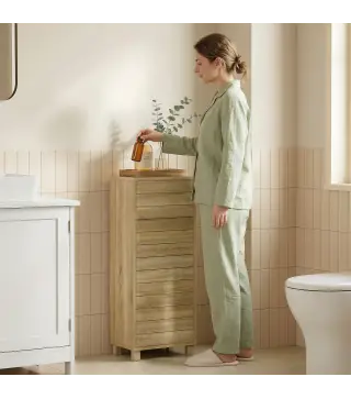 Mueble Auxiliar de Baño con Puerta de Listones 3 Estantes y Estante Ajustable Apertura por Presión 34x23x84 cm Natural