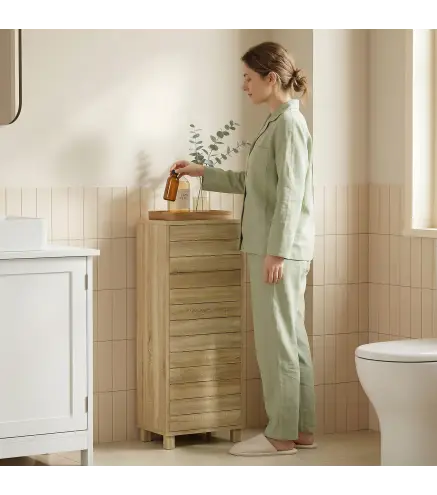 Mueble Auxiliar de Baño con Puerta de Listones 3 Estantes y Estante Ajustable Apertura por Presión 34x23x84 cm Natural