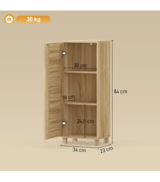 Mueble Auxiliar de Baño con Puerta de Listones 3 Estantes y Estante Ajustable Apertura por Presión 34x23x84 cm Natural