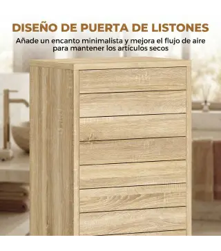 Mueble Auxiliar de Baño con Puerta de Listones 3 Estantes y Estante Ajustable Apertura por Presión 34x23x84 cm Natural