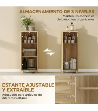 Mueble Auxiliar de Baño con Puerta de Listones 3 Estantes y Estante Ajustable Apertura por Presión 34x23x84 cm Natural