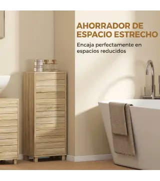 Mueble Auxiliar de Baño con Puerta de Listones 3 Estantes y Estante Ajustable Apertura por Presión 34x23x84 cm Natural