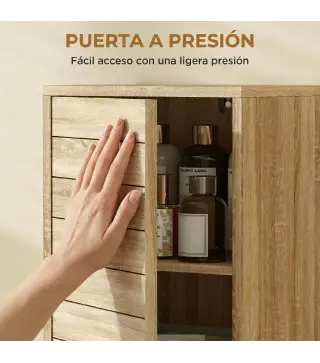 Mueble Auxiliar de Baño con Puerta de Listones 3 Estantes y Estante Ajustable Apertura por Presión 34x23x84 cm Natural