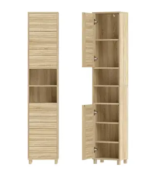 Armario Alto para Baño con Estantes Ajustables Puertas de Lamas Apertura por Presión 34x23x170 cm Natural