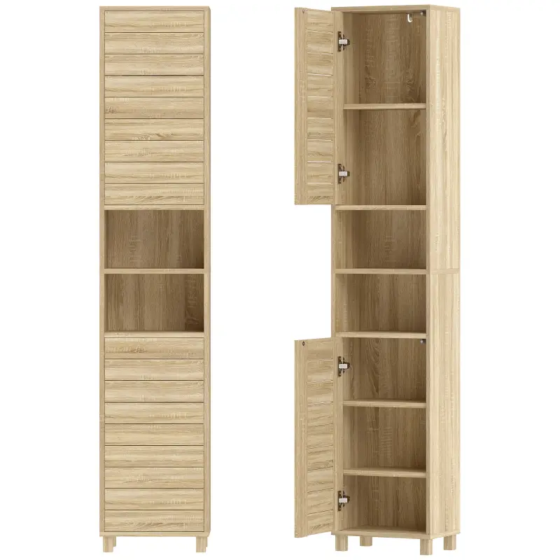 Armario Alto para Baño con Estantes Ajustables Puertas de Lamas Apertura por Presión 34x23x170 cm Natural