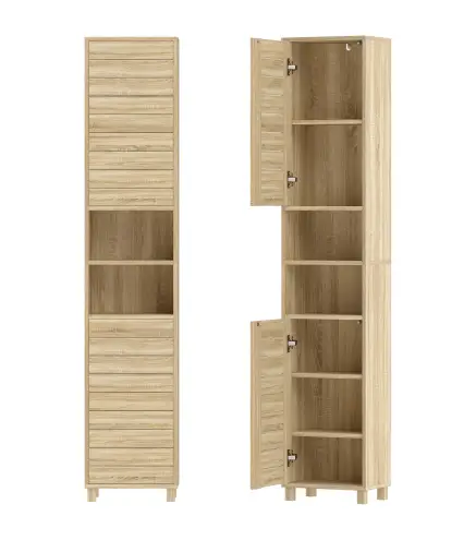 Armario Alto para Baño con Estantes Ajustables Puertas de Lamas Apertura por Presión 34x23x170 cm Natural