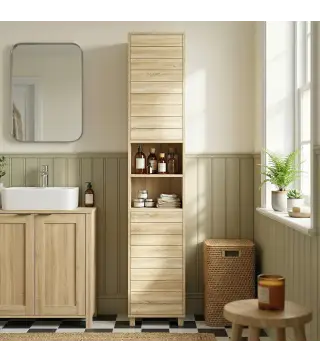 Armario Alto para Baño con Estantes Ajustables Puertas de Lamas Apertura por Presión 34x23x170 cm Natural