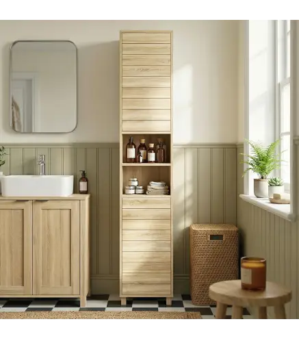 Armario Alto para Baño con Estantes Ajustables Puertas de Lamas Apertura por Presión 34x23x170 cm Natural