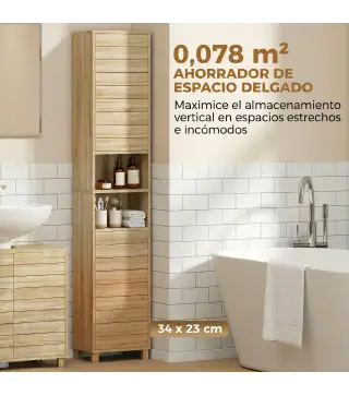 Armario Alto para Baño con Estantes Ajustables Puertas de Lamas Apertura por Presión 34x23x170 cm Natural