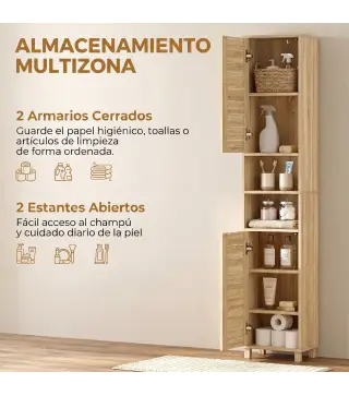 Armario Alto para Baño con Estantes Ajustables Puertas de Lamas Apertura por Presión 34x23x170 cm Natural