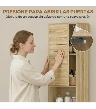 Armario Alto para Baño con Estantes Ajustables Puertas de Lamas Apertura por Presión 34x23x170 cm Natural