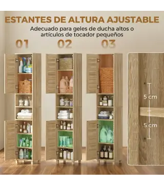 Armario Alto para Baño con Estantes Ajustables Puertas de Lamas Apertura por Presión 34x23x170 cm Natural