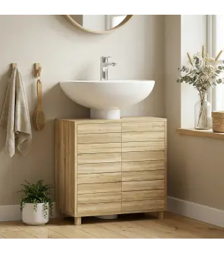 Mueble Bajo Lavabo con Estante Ajustable Puertas de Listones y Apertura por Presión para Lavabo con Pedestal o Pared