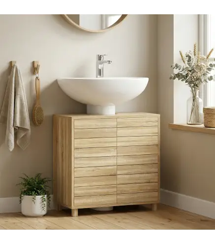 Mueble Bajo Lavabo con Estante Ajustable Puertas de Listones y Apertura por Presión para Lavabo con Pedestal o Pared