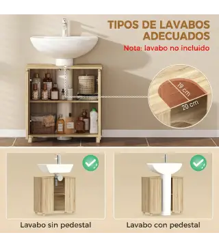 Mueble Bajo Lavabo con Estante Ajustable Puertas de Listones y Apertura por Presión para Lavabo con Pedestal o Pared