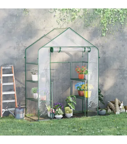 Invernadero de Jardín con 4 Estantes 1 Puerta con Cremallera para Cultivo de Plantas Flores 142x73x195 cm Verde