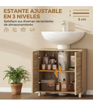 Mueble Bajo Lavabo con Estante Ajustable Puertas de Listones y Apertura por Presión para Lavabo con Pedestal o Pared
