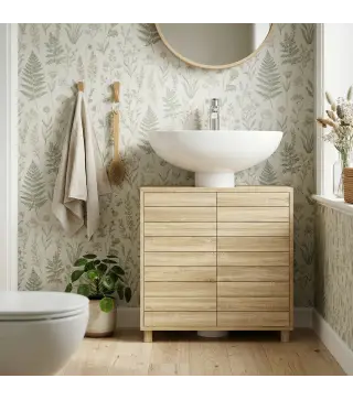 Mueble Bajo Lavabo con Estante Ajustable Puertas de Listones y Apertura por Presión para Lavabo con Pedestal o Pared
